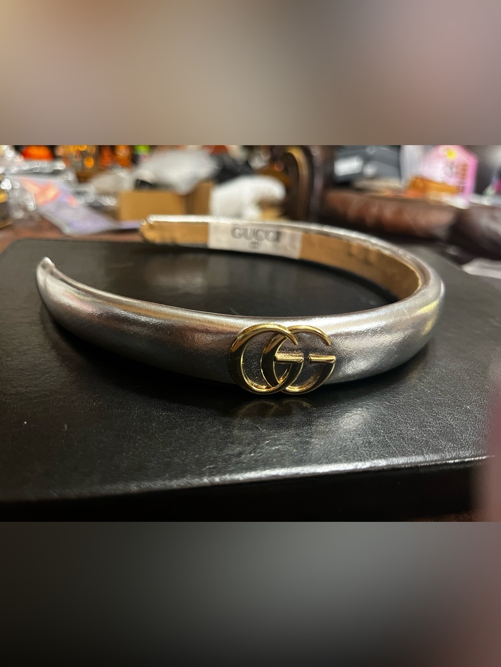 Double G Designer Metallic Silver Gold Tone Letter Logo Headband